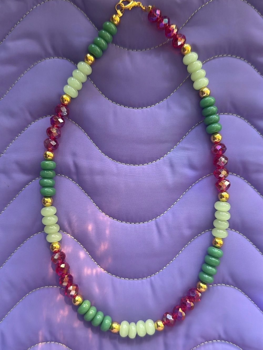 Green and Fuchsia Beaded Necklace with Gold Accents